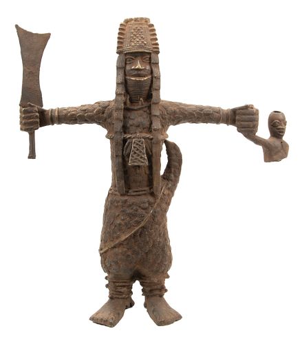 African Benin Bronze Standing Warrior Bambara, H 16", W 17.25"
