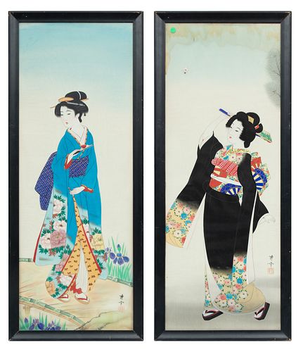 Japanese Lithographs, Geishs On Silk H 44'' W 16'' 2 pcs