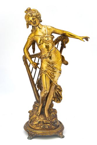 Gilded Spelter Figurine, Collection Francaise H 17", Lady With Harp