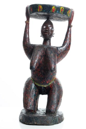 Senufo Republic Of Congo Carved Polychromed Wood Sculpture, H 31.5'' W 13''