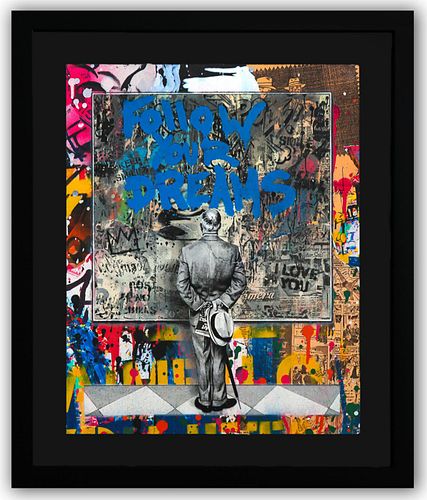 Mr. Brainwash- Original Mixed Media on Deckled Edge Paper "Street Connoisseur- Follow Your Dream (Blue)"