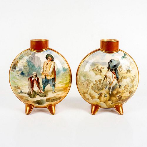 Pair of Vintage Doulton Gilded Moon Flasks, Don Quixote