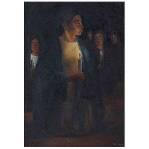 JESÚS SERNA, Vigilia con velas, Firmado, Óleo sobre masonite, 100 x 70 cm