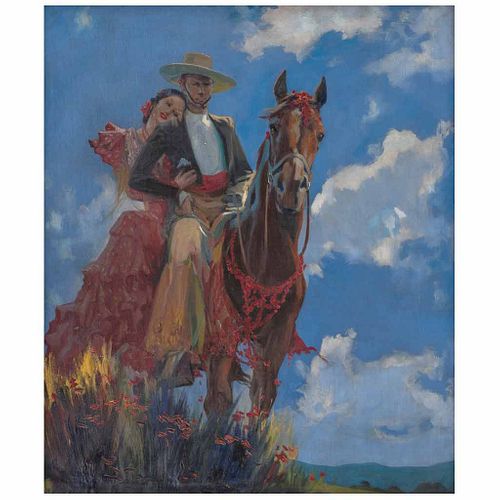 JOSÉ BARDASANO, Pareja a caballo, Firmado, Óleo sobre tela, 108 x 90.5 cm, Con copia de documento