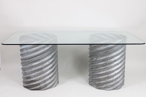 Custom Galvanized Metal Corrugated Pipe Glass Top Table, Industrial Postmodern
