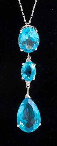 14K White Gold Diamond Blue Topaz Drop Necklace