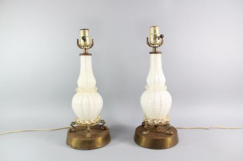 Pair of White and Gold Murano Glass Lamps, Mid Century Modern