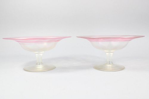 Pair of Steuben Verre de Soie Threaded Glass Dishes