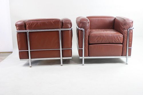 Pair Le Corbusier LC3 Style Lounge Chairs in Brown Leather