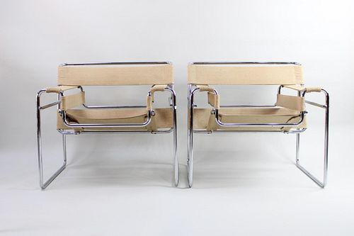 Pair of Chrome and Canvas Wassily Chairs, Marcel Breuer