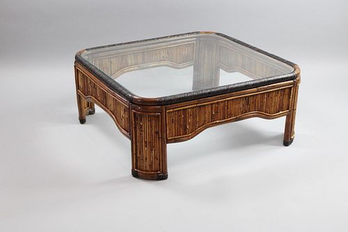 Mid-Century Pencil Reed Rattan Coffee Table w/Glass Top