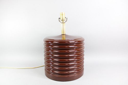 Mid-Century Brown Ribbed Cylindrical Ceramic Table Lamp