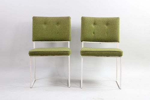 Pair of White Metal Cubist Framed Chairs Green Upholstery, Mid Century Modern