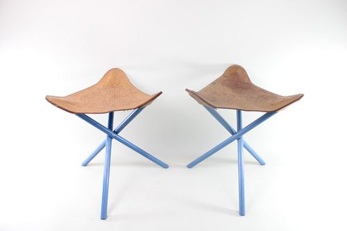 Pair of Blue Painted Tripod Stools w/Tooled Leather Seats