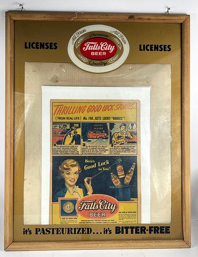 1949 Falls City Beer License Holder Reverse-Painted Glass Sign Louisville Kentucky