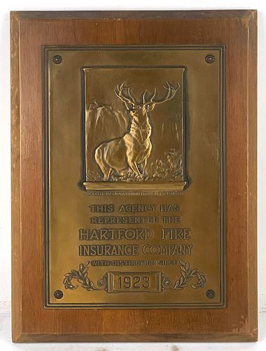 1923 Hartford Fire Insurance Co. Brass Plaque Wooden Sign 