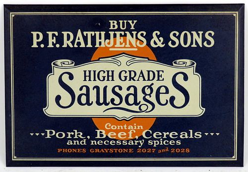 1930 P F Rathjens & Sons Sausages TOC Tin Over Cardboard Sign 