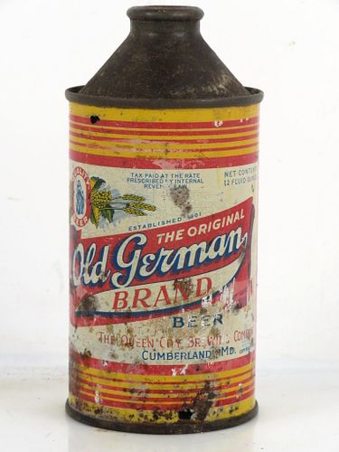 Unpictured 1947 Old German Brand Beer 12oz High Profile Cone Top Can Cumberland Maryland
