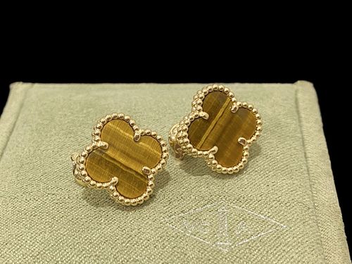 Van Cleef & Arpels Vintage Alhambra Earrings 18k Yellow Gold,Tiger Eye
