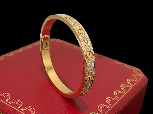 Cartier 18K Rose Gold Diamond-Paved Love Bracelet Size 18