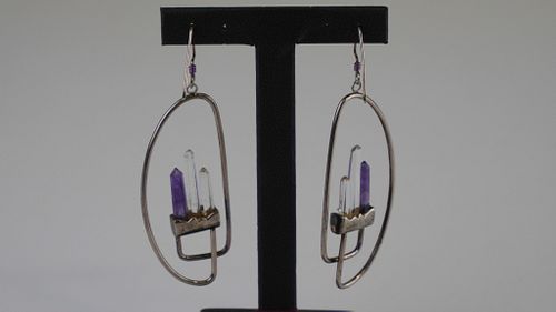 Designer Sterling Silver Amethyst & Quartz Earrings