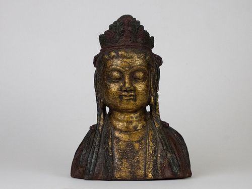 Qing Dynasty~ Antique Gilt Iron Quan Yin Bust Polychrome Buddha Statue