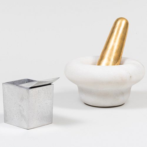 Tom Dixon Marble Mortar and Gilt-Metal Pestle and a Ray Hollis Aluminum Vide Poche