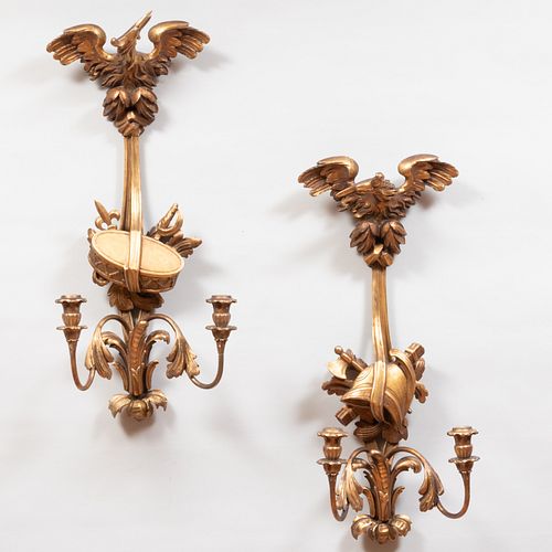 Pair of Bronze Painted Trophy Carved Wood Two-Light Wall Sconces Surmounted by Hoho Birds