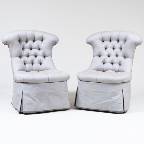 Pair of Victorian Style Grey Tufted Slipper Chairs           