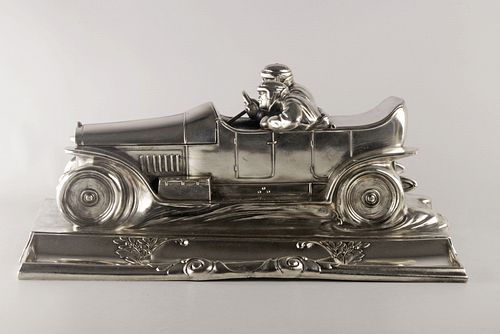 WMF Silver Plated Pewter Racing Car Figural Inkstand Desk Set