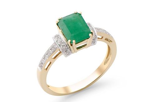 1.85 Cts Certified Diamonds & Brazil Emerald 14K YG Ring 