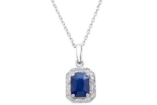 1.91 Cts Certified Diamonds & Blue Sapphire 14k WG Pendant & Chain
