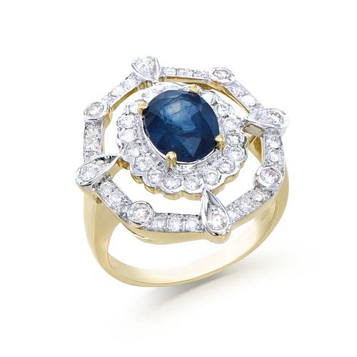 3.07 ctw in Certif. Diamonds & Blue Sapphire 14K gold Ring 