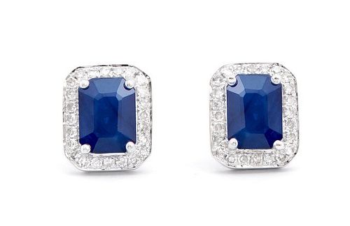 1.52 Cts Certified Diamonds & Blue Sapphire 14K WG Earrings 