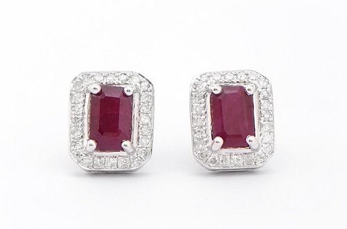 1.52 Cts Certified Diamonds & African Ruby 14K WG  Earrings 