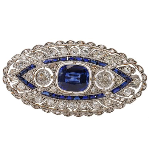 8.25 Ctw in Diamonds & Sapphires Art Deco 18k gold & Platinum Brooch