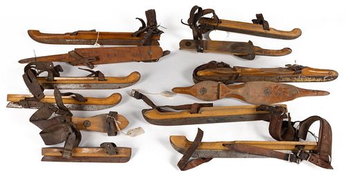 SIX PAIRS OF ANTIQUE WOOD CLAMP-ON ICE SKATES