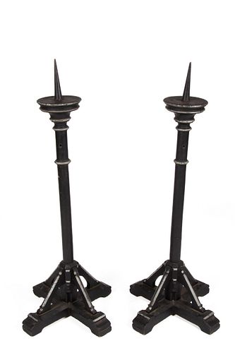 PAIR OF FOLK ART CARVED AND PAINTED WOODEN PRICKET CANDLESTICKS