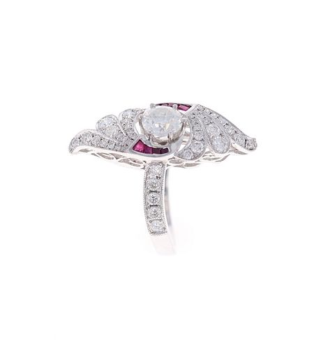 Art Deco Diamond & Ruby 18k White Gold Ring