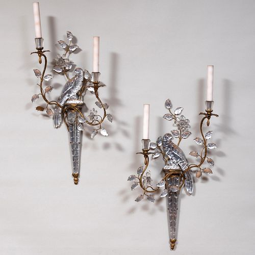 Pair of Gilt-Metal-Mounted Glass Two-Light Wall Sconces, In the Manner of Maison Bagues 