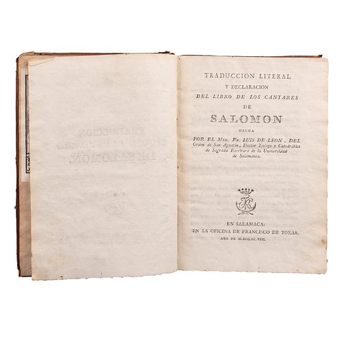 León, Fray Luis de. Traducción Literal y Declaración del Libro de los Cantares de Salomón. Salamanca: Francisco de Toxar, 1798.
