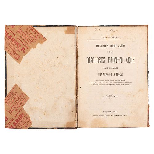 Adorno, Juan Nepomuceno. Resumen Ordenado de los Discursos Pronunciados... México, 1873. Plan de obras hidraúlicas para el Valle de Méx