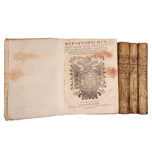 López, Gregorio. Las Siete Partidas del Sabio Rey Don Alonso el Nono. Madrid, 1610-11. Ex Libris de Miguel Angel Porrúa. Piezas:  4.