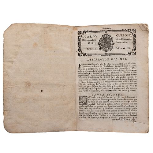 Tarazona, Pedro Ángel. Diario Curioso, Histórico, Erudito, Comercial, Civil y Económico. Barcelona: En la Imp. de Juan Forns, 1773.