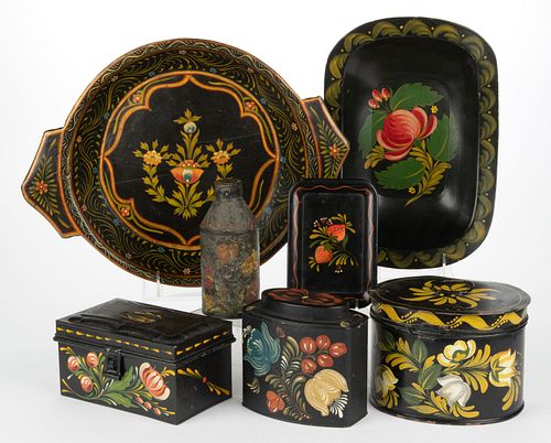 ASSORTED DECORATED TOLE AND TREENWARE, LOT OF SEVEN