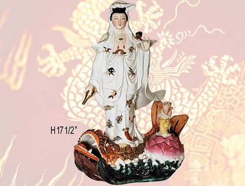 20th C. Chinese Porcelain Group, Guanyin Standing On A Shachihoko