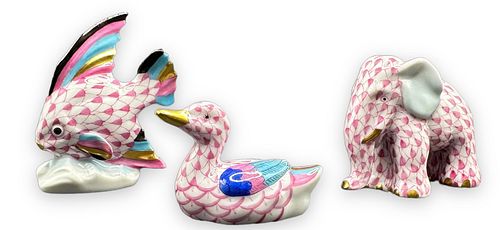 (3) Pink Herend Fishnet Animals - Elephant, Duck