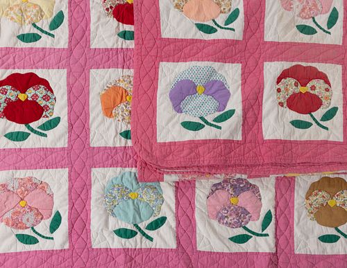 AMERICAN "PANSY" APPLIQUE QUILTS, PAIR 
