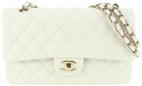 CHANEL 22 WHITE QUILTED CAVIAR MEDIUM CLASSIC DOUBLE FLAP GOLD CHAIN