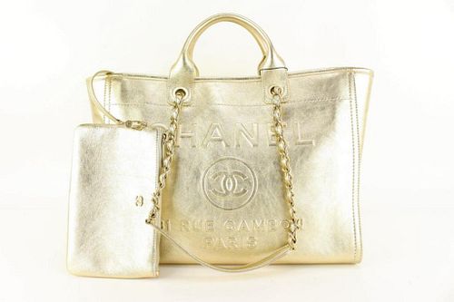 CHANEL 22A METALLIC GOLD LARGE SHOPPING TOTE DEAUVILLE WITH POUCH